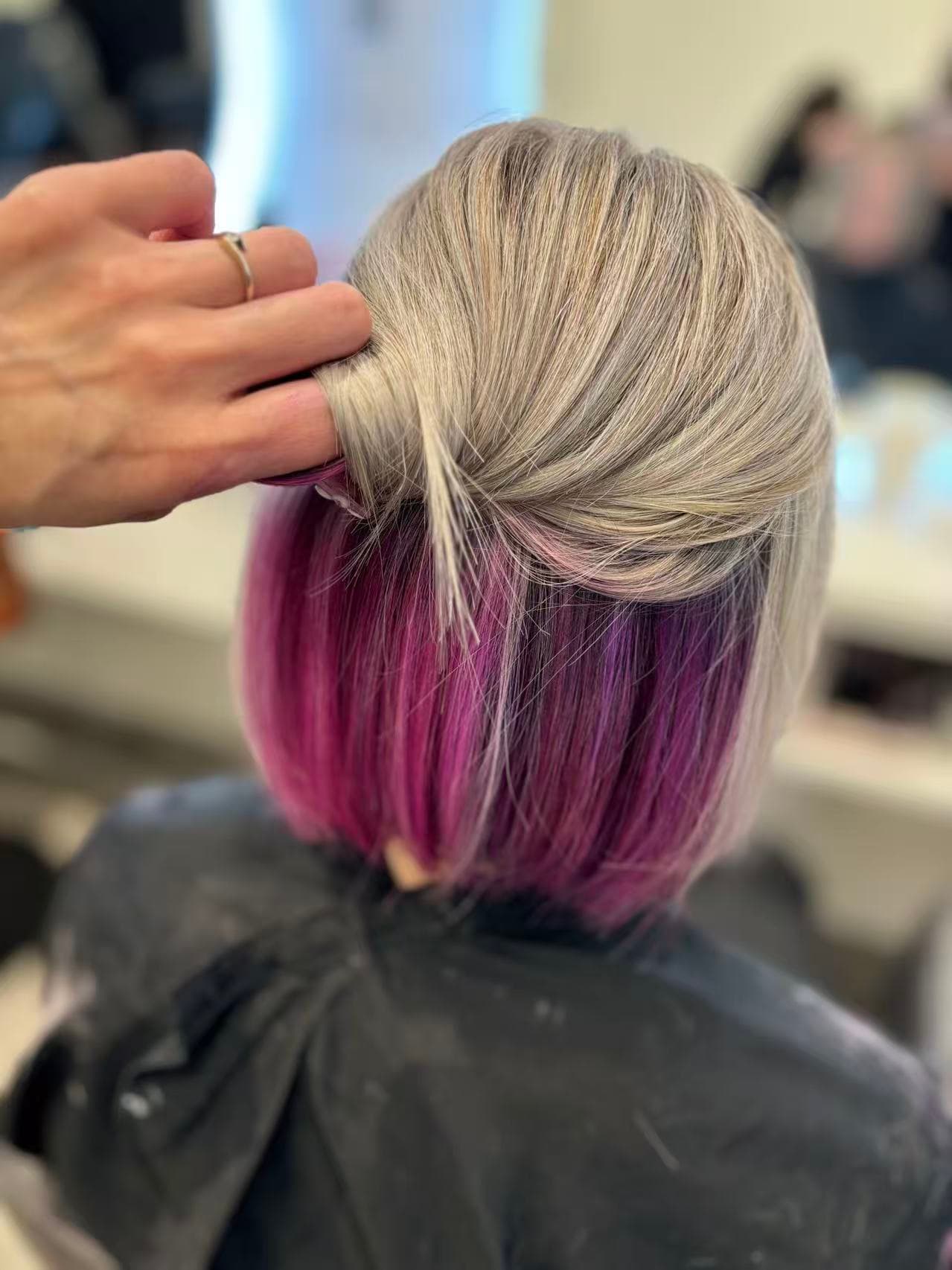 Blonde bob with pink undercolour by Didi at Hair Talks Rouse Hill