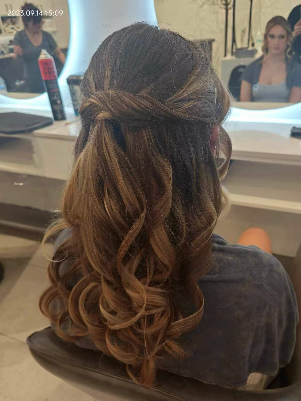 Half-up waterfall curls on brunette hair by Didi at Hair Talks Rouse Hill