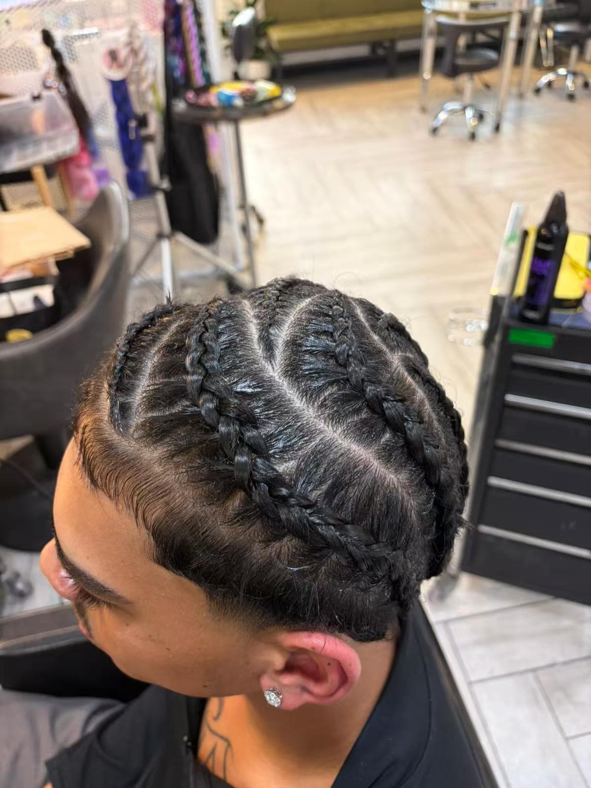 Men's cornrow braids, top view, by Tamara at Hair Talks Rouse Hill
